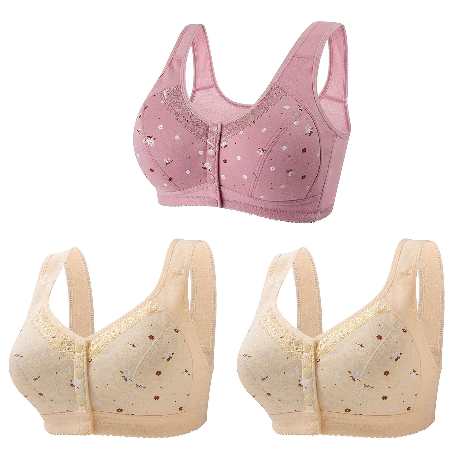 SMihono 3 Pack Katy Charm Daisy Bras for Older Women Front Button Cotton Bras Floral Print Full Support Wide Back No Underwire Bras Khaki 8